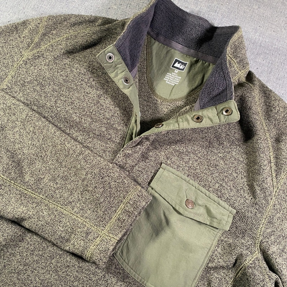 REI Men Sweater Fleece Pullover Snap Neck Pocket Green Size‎ Medium Lightweight